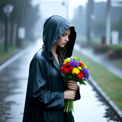 Woman in rain holding flowers
