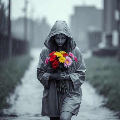 Woman walks with flowers in rain