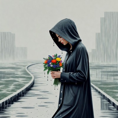 Woman walking in rain with flowers