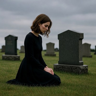 Woman kneeling among gravestones in a cemetery