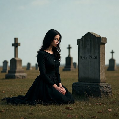 Woman kneels at grave in cemetery