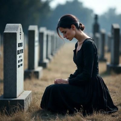 Woman at grave in cemetery