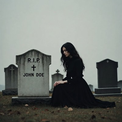 Woman at grave in cemetery during day