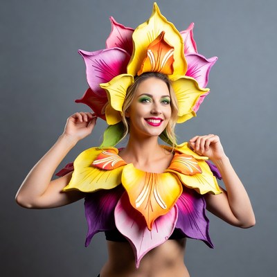 Woman wears flower costume in studio