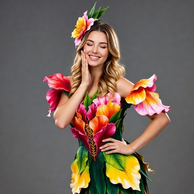 Woman in flower costume smiling