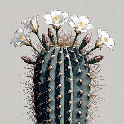 Cactus with white flowers blooming