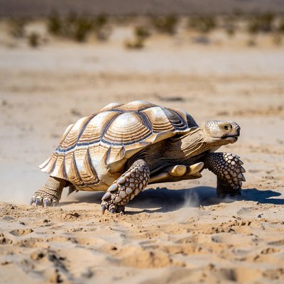 Tortoise moving on sandy ground