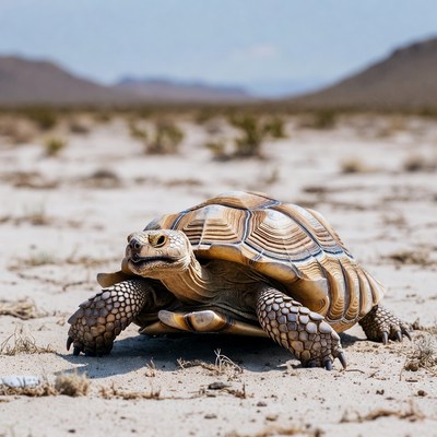 Tortoise walking on dry desert land
