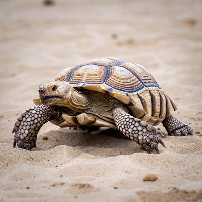 Tortoise walks on sandy ground