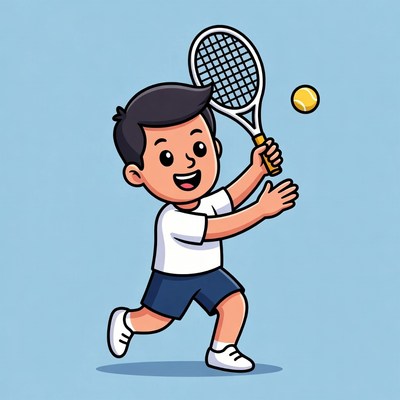 Young boy playing tennis in blue background