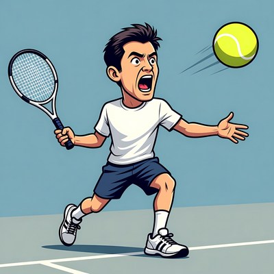 Boy plays tennis in action