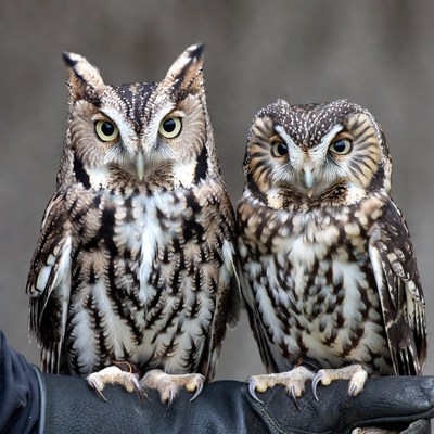 Owls perched on a hand in daylight