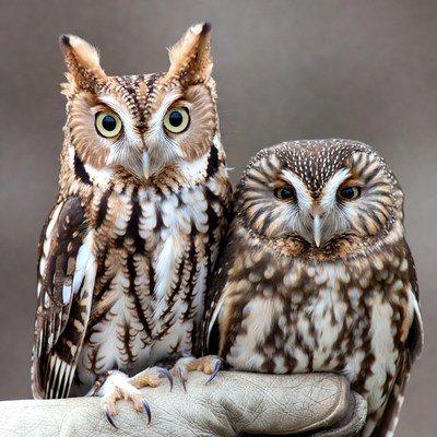 Owls resting on a hand