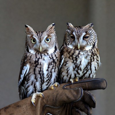 Owls perched on gloved hand