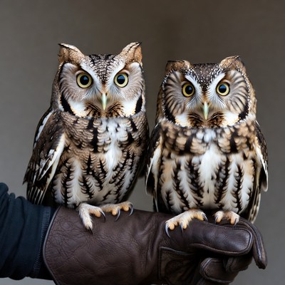 Owls perched on gloved hand
