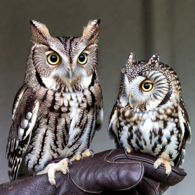 Owls perched on a hand at a display