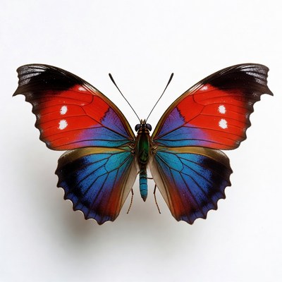 Bright butterfly resting on white surface