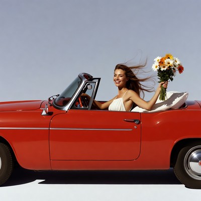 Woman driving red car with flowers
