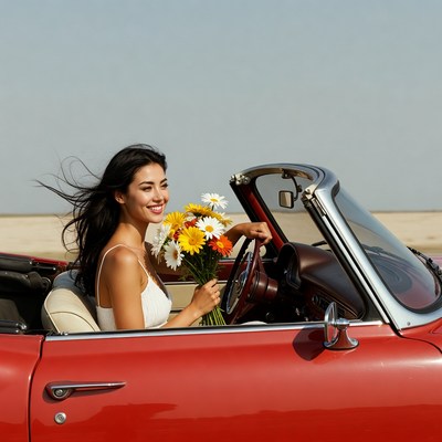 Woman driving car with flowers