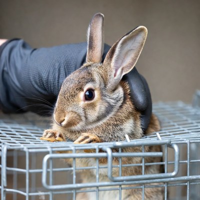 Rabbit held in a wire cage