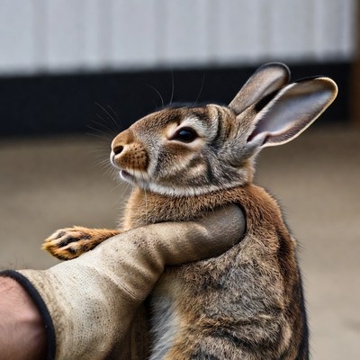 Rabbit held in hand at farm