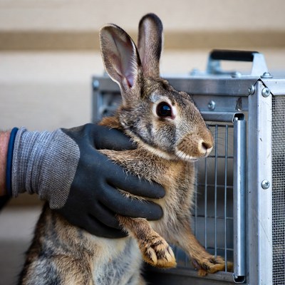 Rabbit being held near a cage