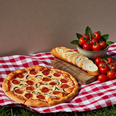 Enjoying pizza outdoors with fresh tomatoes