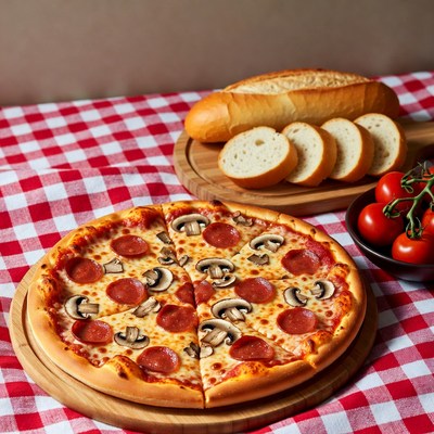 Pizza and bread on table