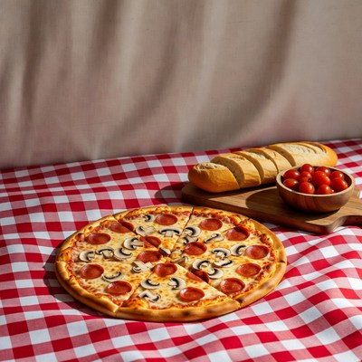 Pizza and bread on red checkered table