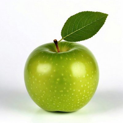 Fresh green apple with leaf on white background