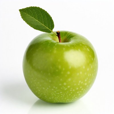 Green apple with leaf on white background