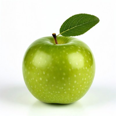 Green apple with leaf on white background