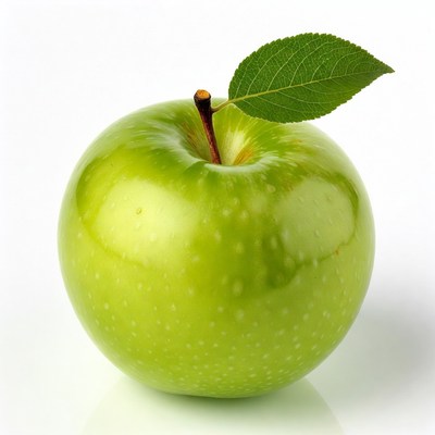 Green apple with leaf on white background