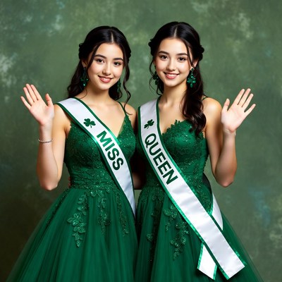 Two contestants in green dresses with sashes