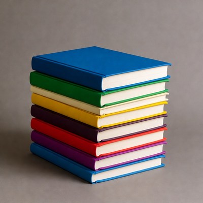 Stack of colorful books on gray background