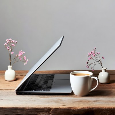 Workspace setup with coffee and flowers