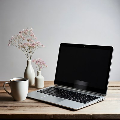 Laptop and coffee on wooden table