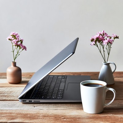 Workspace with laptop and coffee