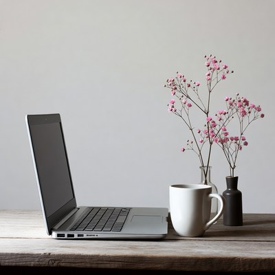 Laptop and flowers on wooden table