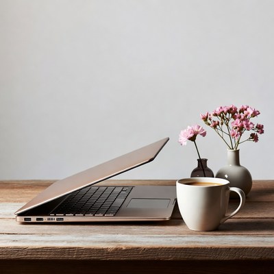 Workspace with laptop and coffee