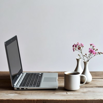 Workspace with laptop and coffee