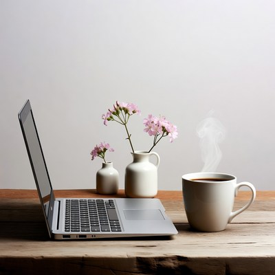 Working at a desk with coffee and flowers
