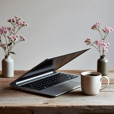 Laptop beside flowers and cup