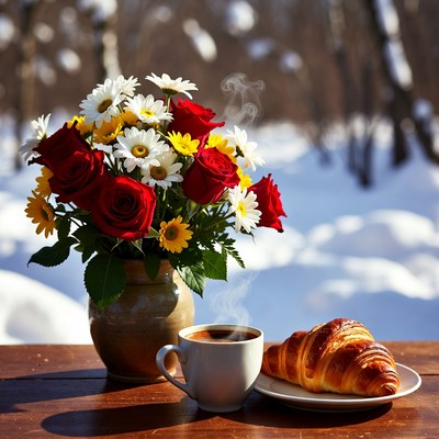 Coffee and croissant in winter