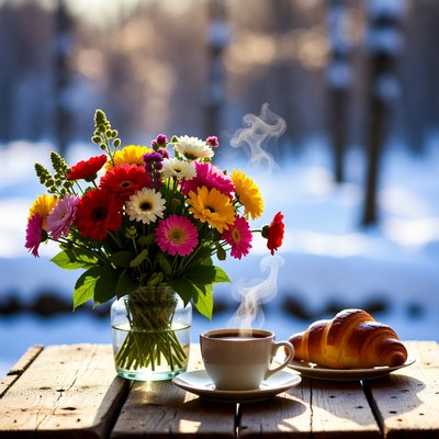 Morning coffee and flowers in winter
