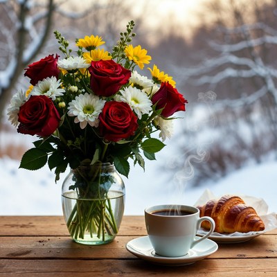Morning coffee with flowers and pastry