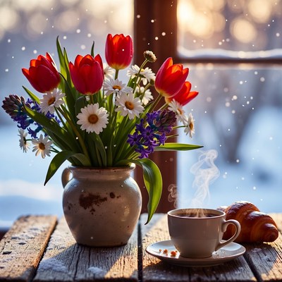 Cozy morning with flowers and coffee