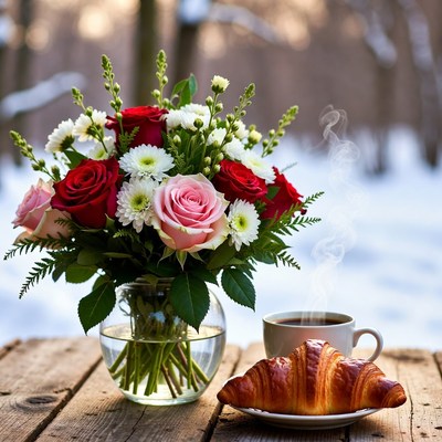 Morning scene with flowers and breakfast