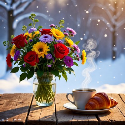 Warm drink and flowers in winter
