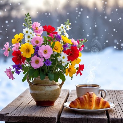 Flowers and breakfast in winter